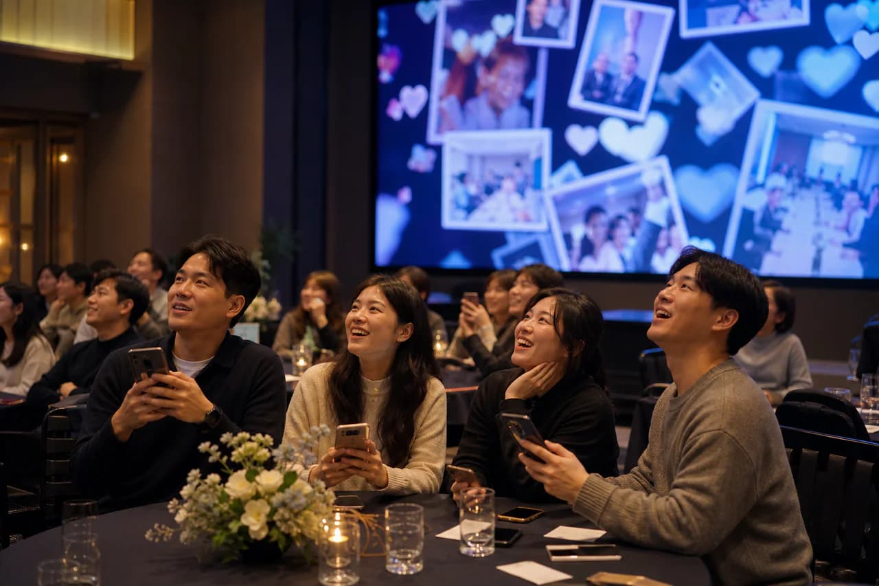휴대폰으로 사연과 사진을 보내고 행사 화면을 바라보는 참가자들