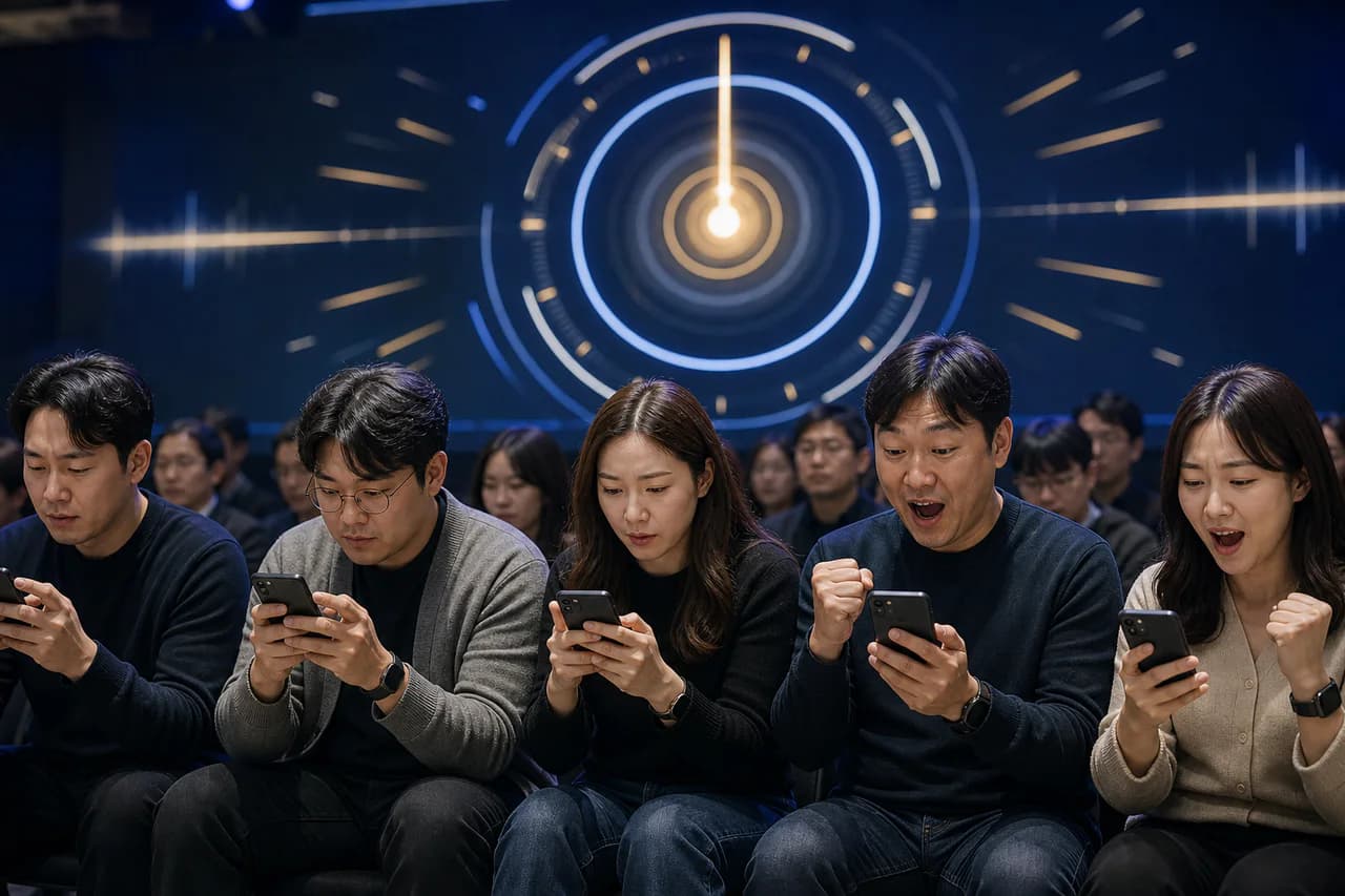 휴대폰 타이밍 게임에 집중하고 결과에 환호하는 참가자들